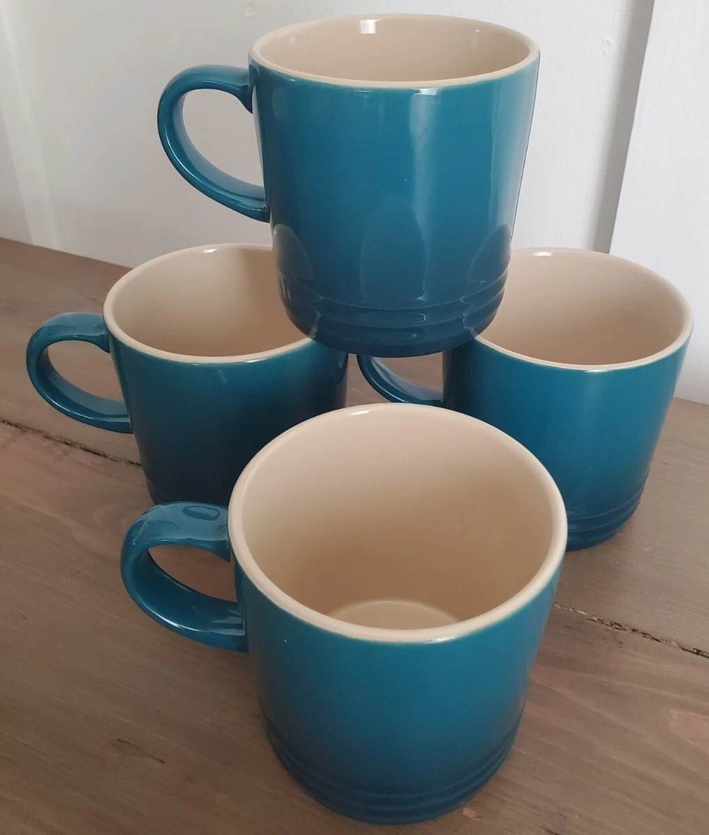 LE CREUSET 11.8 OZ. COFFEE Mugs Cups DEEP TEAL 4 Pc Matching Set NEW
