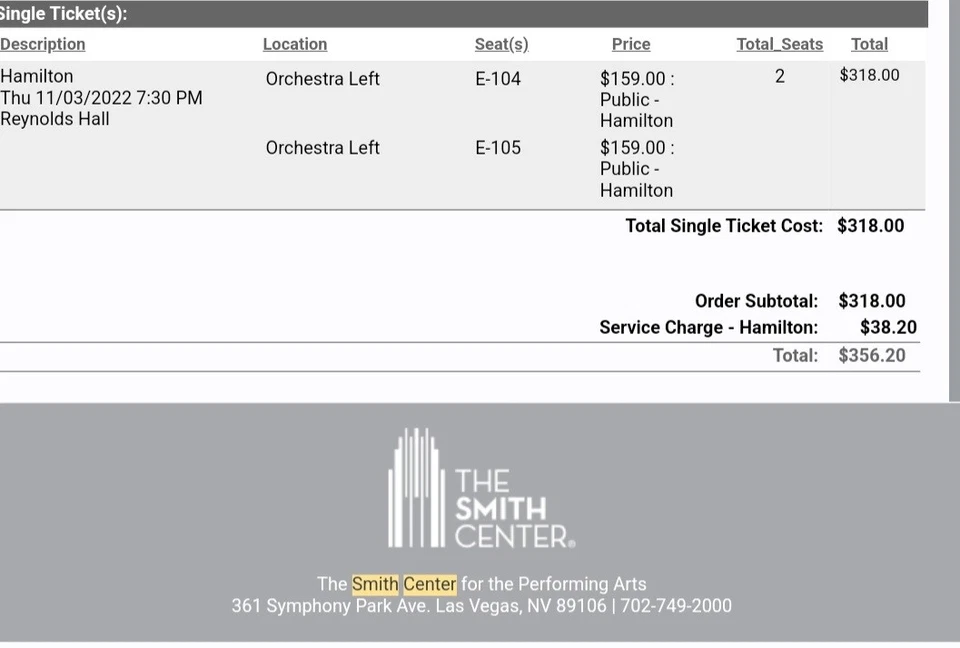 2 Hamilton Tickets - Las Vegas November 3, 2022 - Image 2 of 3
