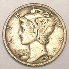 1928 Mercury Winged Head Dime 10 Cents Silver Coin F