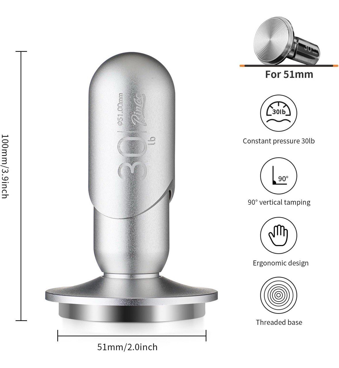 Espresso 51 mm Premium Barista Coffee Tamper w/ Constant 30lb Calibrated Tamper