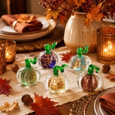 5 Pcs Hand Blown Glass Pumpkins Mini Glass Halloween Fall Pumpkin Figurines