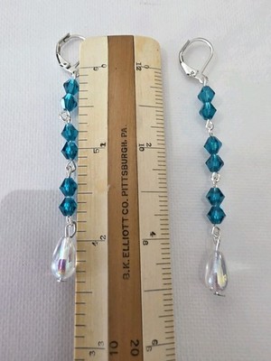 Handcrafted w/Vintage Teal Preciosa AB Drops Dangles  Earrings Silverp leverbk 