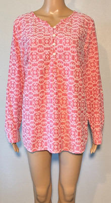Croft&Barrow Women's Blouse Size L Fleur De Lis Textured Tunic 1/4 Button Cotton