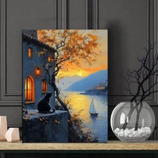 Black Cat by the Sea Framed Canvas Stretched Ready to Hang 50x40 Home decor Gift