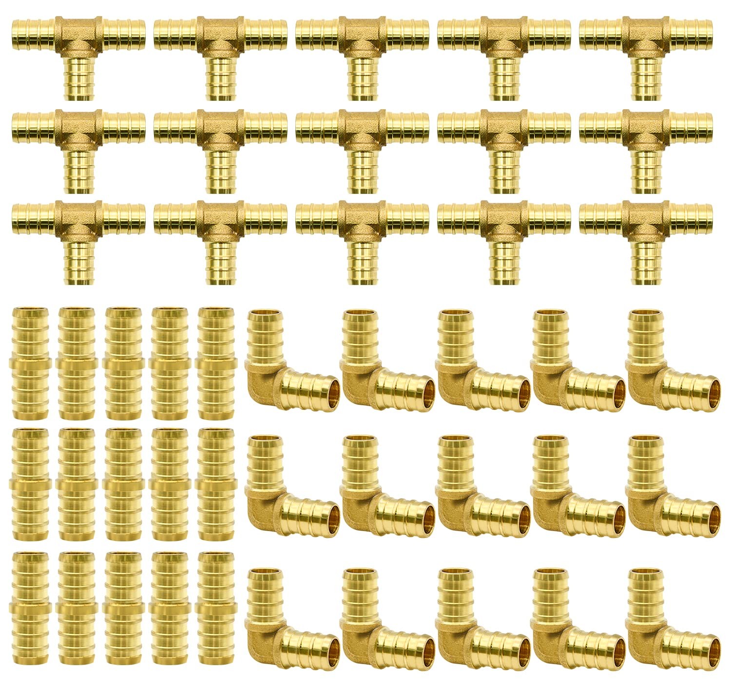 45pcs 1/2" PEX Fittings, Elbow TEE Straight Couplings Set, 1/2"-45pcs, Gold