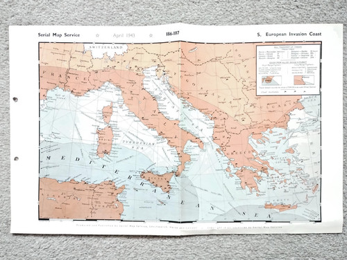 Southern European Invasion Coast - 1943 Vintage WW2 Serial Map Service Map