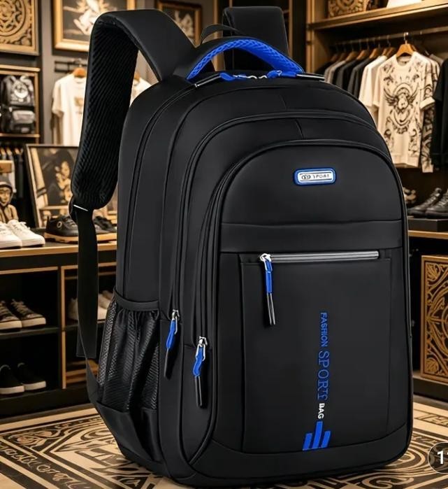 Sport Black/Blue Large Laptop Backpack Zip, Bottle Pocket, Adjustable Strap