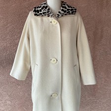 Vintage 1950s 1960s Cream Wool Coat Leopard Fur Collar Mid Century