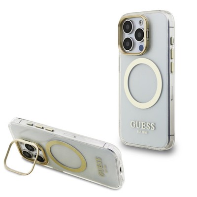 GUESS iPhone 15 Pro Max Hülle Case MagSafe Stand Camera Frame Gold Outline Metal