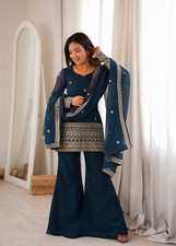 Women Navy Blue Embroidered Kurta Palazzo Dupatta Set Designer Pakistani Style E