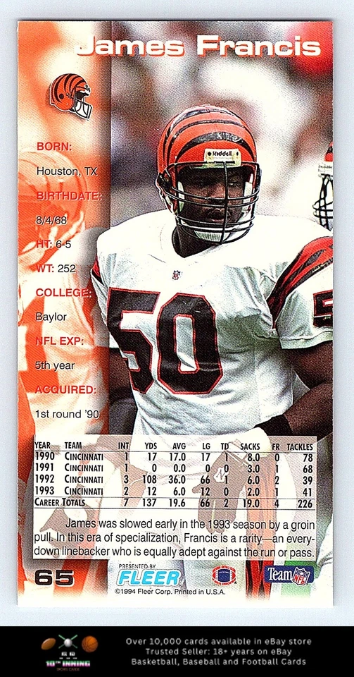1994 GameDay FOOTBALL #65 James Francis - Image 2 of 2