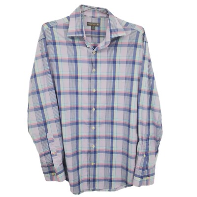 Peter Millar Men's Blue Pink Plaid Long Sleeve Cotton Button Shirt Size Medium 