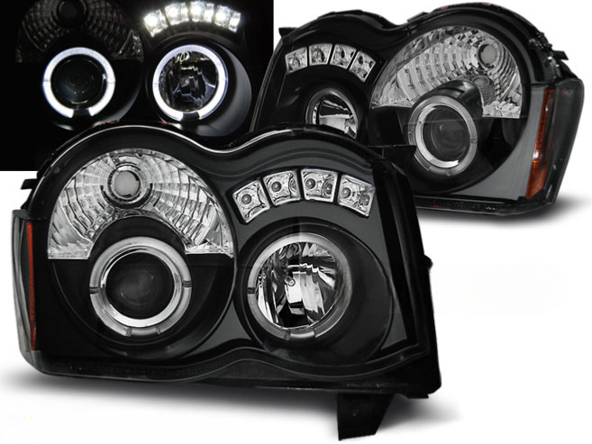 Paire de feux phares Jeep Grand Cherokee 08-10 noirs avec option angel eyes halogène