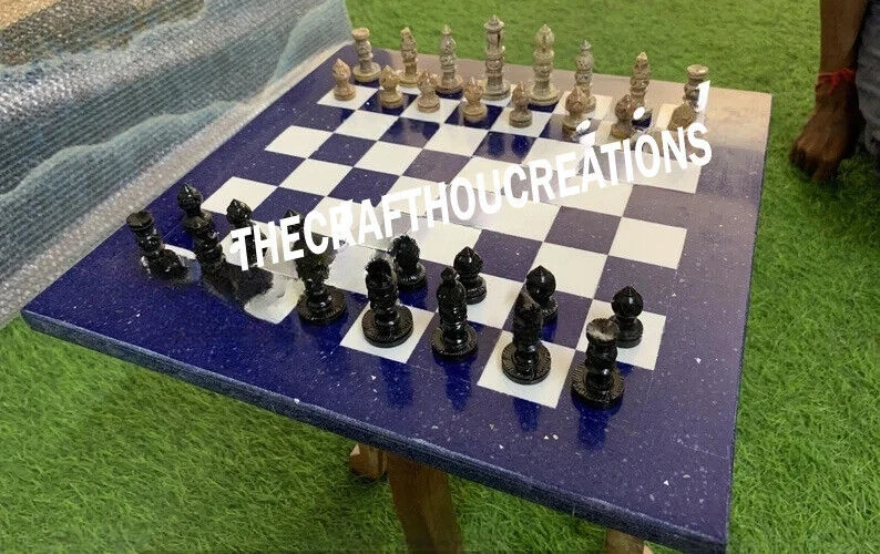 Lapis Lazuli Stone Chess Board With 32 Pieces, Figures Handmade Inlay Chess - Image 3 of 4