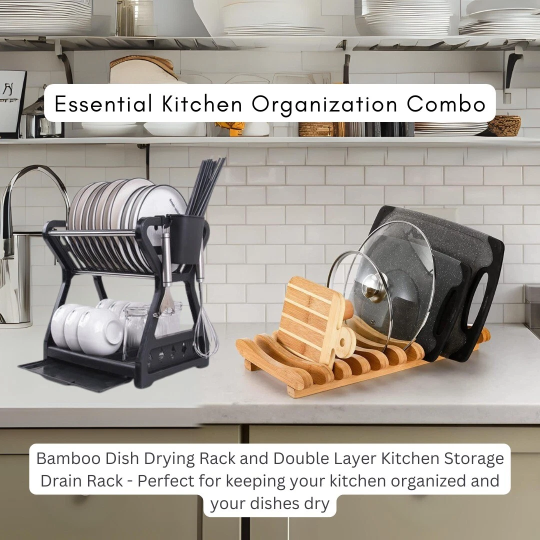 Bamboo Dish Drying Rack & Double Layer Kitchen Dishes Storage Drain Rack Pack