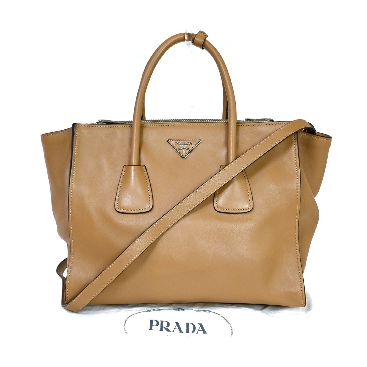 PRADA MILANO Logo 2Way Shoulder Bag Leather Brown Gold Made In 