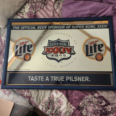 VTG Super Bowl 34 Miller Lite Framed Mirror Beer Sign 32X21 NFL