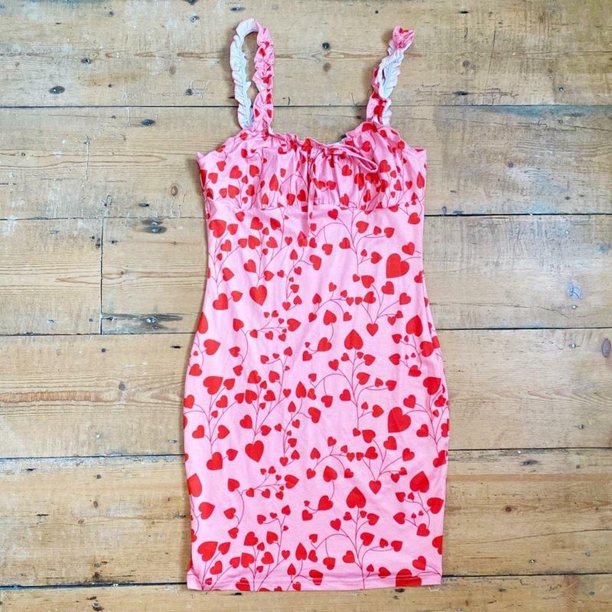 New red pink heart print mini dress bodycon valentines kawaii cute y2k size 