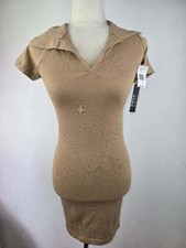 NWT! POOF NEW YORK Size S/M Women's Tan Ribbed Collared Bodycon Dress