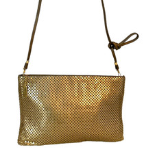 WHITING DAVIS GOLD MESH EVENING BAG CLUTCH w/Det. LEATHER SHOULDER STRAP 11X7"