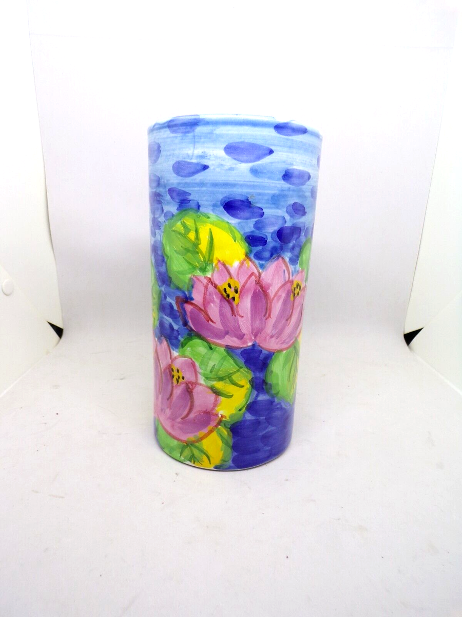 Hand Painted Flowers Italian Pottery Cylinder Vase Hand Made In