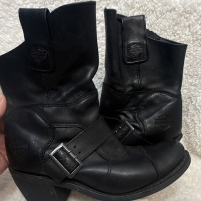 Harley Davidson Black Leather Biker Boots Women 9 Harness Riding Ankle Side Zip
