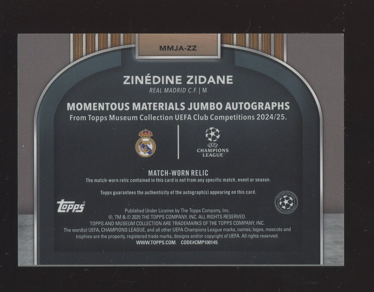 2024-25 Topps Museum UCC Soccer Zinedine Zidane Match Worn Patch AUTO 10/10 view 2