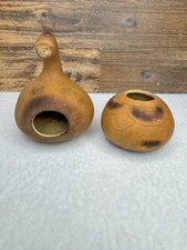 Hand Carved Fire Etched Natural Gourd Set Folk Art Decorative Bowls Rustic Brown