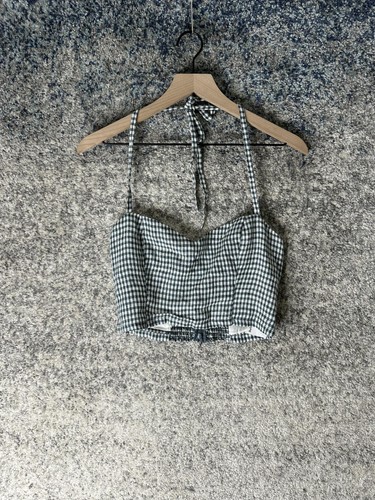 Reformation Tank Top Womens Small Blue Check Linen Sweetheart Smocked Crop Cami
