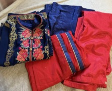 Women Pakistani Unstitched Blue Synthetic Salwar Kameez Set Red Dupatta