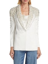 ALICE  OLIVIA IVAN PEARL CRYSTAL -EMBELLISHED BLAZER WHITE JACKET SIZE L NWOT