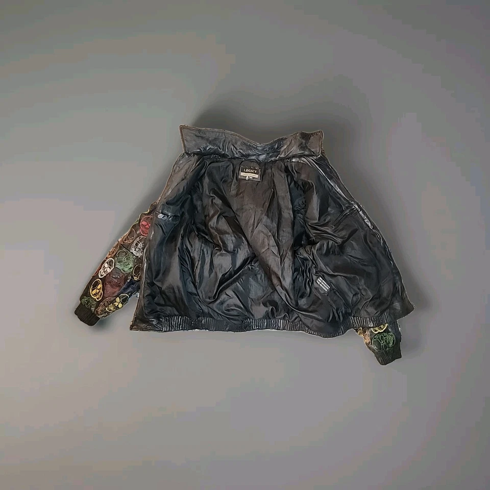 Chaqueta de cuero Legacy por todas partes calavera bordada piel capucha rara XXL 2XL RARA Foto 3 de 4