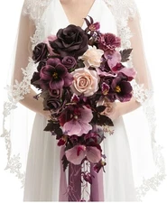 Ling's Moment Purple Bridal Bouquet Cascading, Plum Wedding Bouquets for Bride
