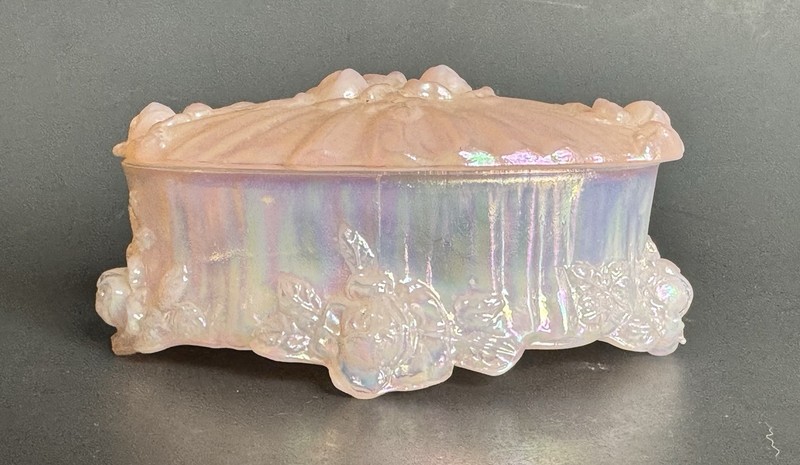 Stunning Fenton Art Glass Opal Pink Iridescent Cabbage Rose Lidded Trinket Box