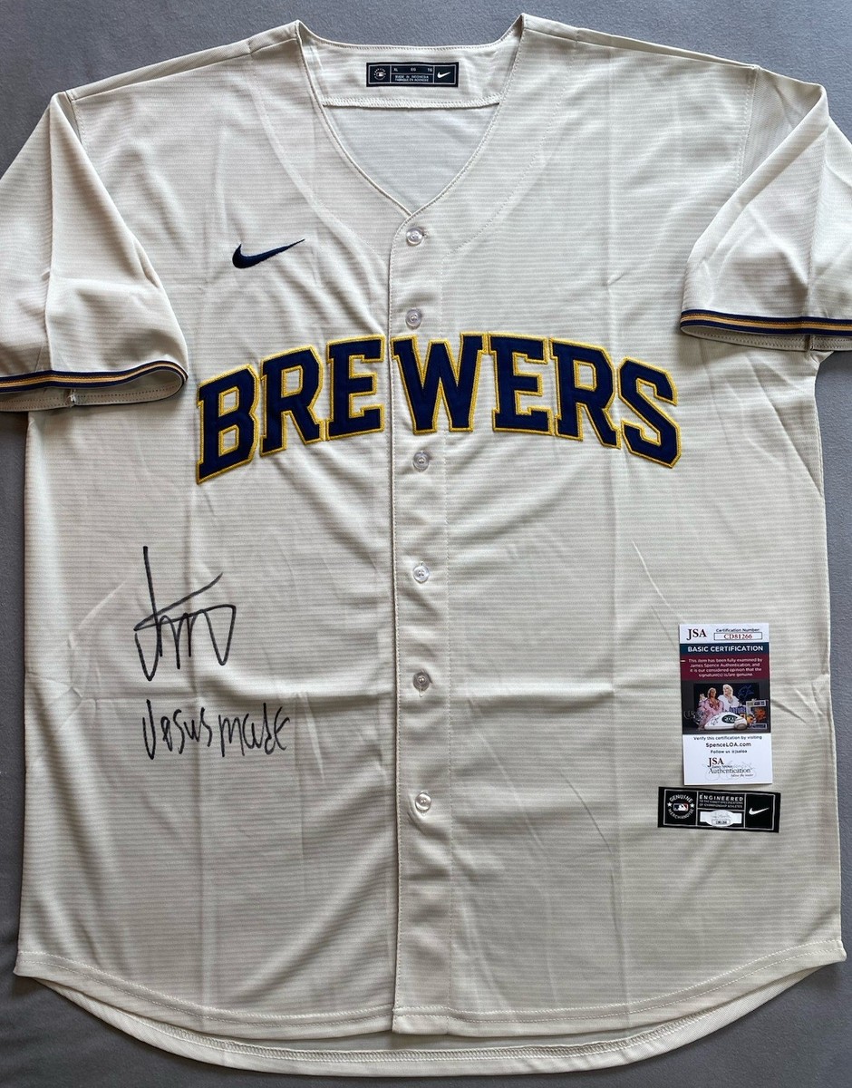 MILWAUKEE BREWERS- JESUS MADE AUTOGRAPH CREAM NIKE JERSEY JSA