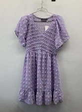 TECREW NWT Lavender Smocked Puff Sleeve Swiss Dot A-Line Dress Women's M