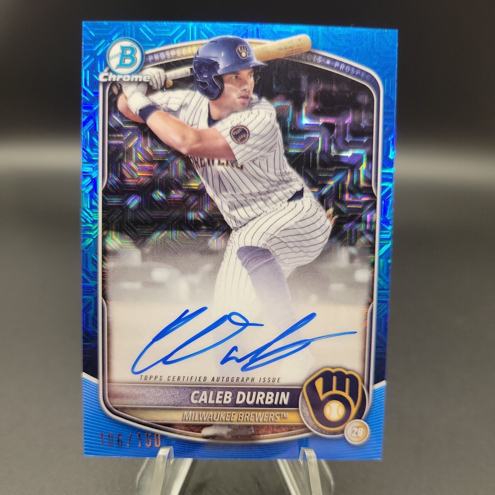 Caleb Durbin On Card Auto 106/150 Blue Mojo 2025 Bowman Brewers Now on RedSox