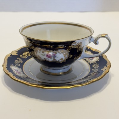 REICHENBACH Echt Cobalt Blue Gold Porcelain Tea Cup Saucer Cabbage Rose VTG