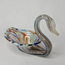 NICE! Vintage Blown Glass Swan Candy Dish Colorful Blue Orange Green Red Swirls