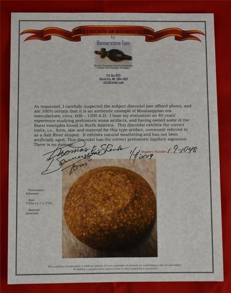 Quartzite Salt River Discoidal Bannerstone Tom COA Arrowheads Artifacts