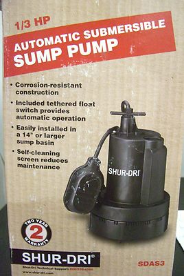 Shur Dri 1/3hp Sump Pump SDAS3 with 