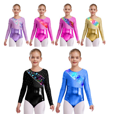 Girls Bodysuit Long Sleeve Top Competition Leotard Shiny Dancewear Gymnastics