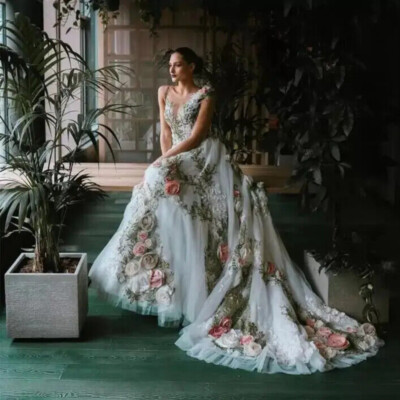 Beach 3D Flowers Lace Wedding Dresses Modern Applique Backless Tulle Bridal  Gown | eBay