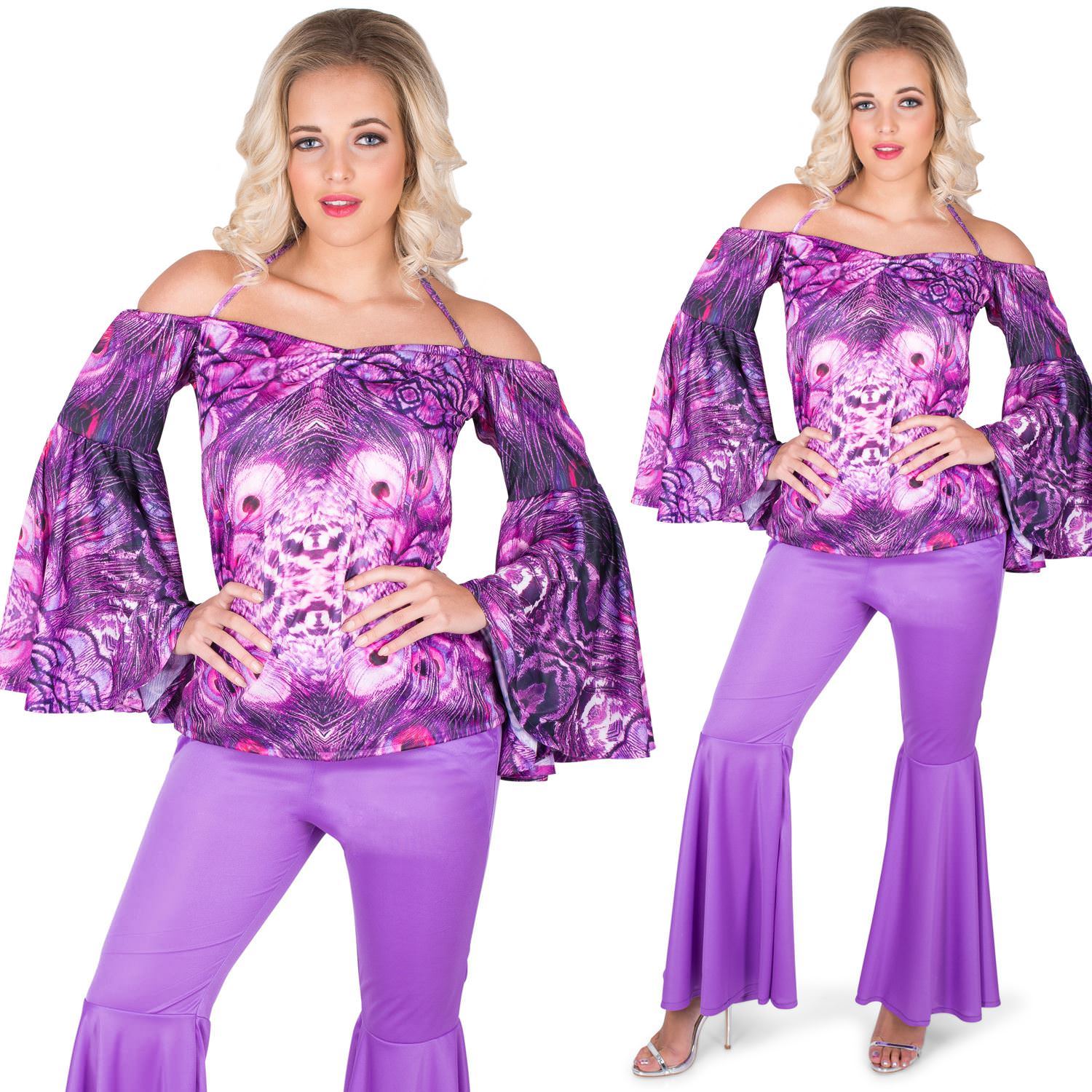 Womens Purple Hipster Girl Costume 1970s Disco Ladies Fancy Dress