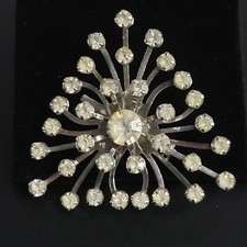 Starburst Atomic Spray Brooch Pin Round White Large Small Crystals Silver Tone