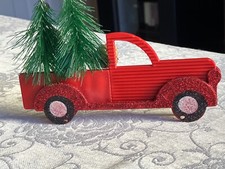 RED PICKUP TRUCK CARRYING 2 TREES AND PINE CONES CHRISTMAS ORNAMENT