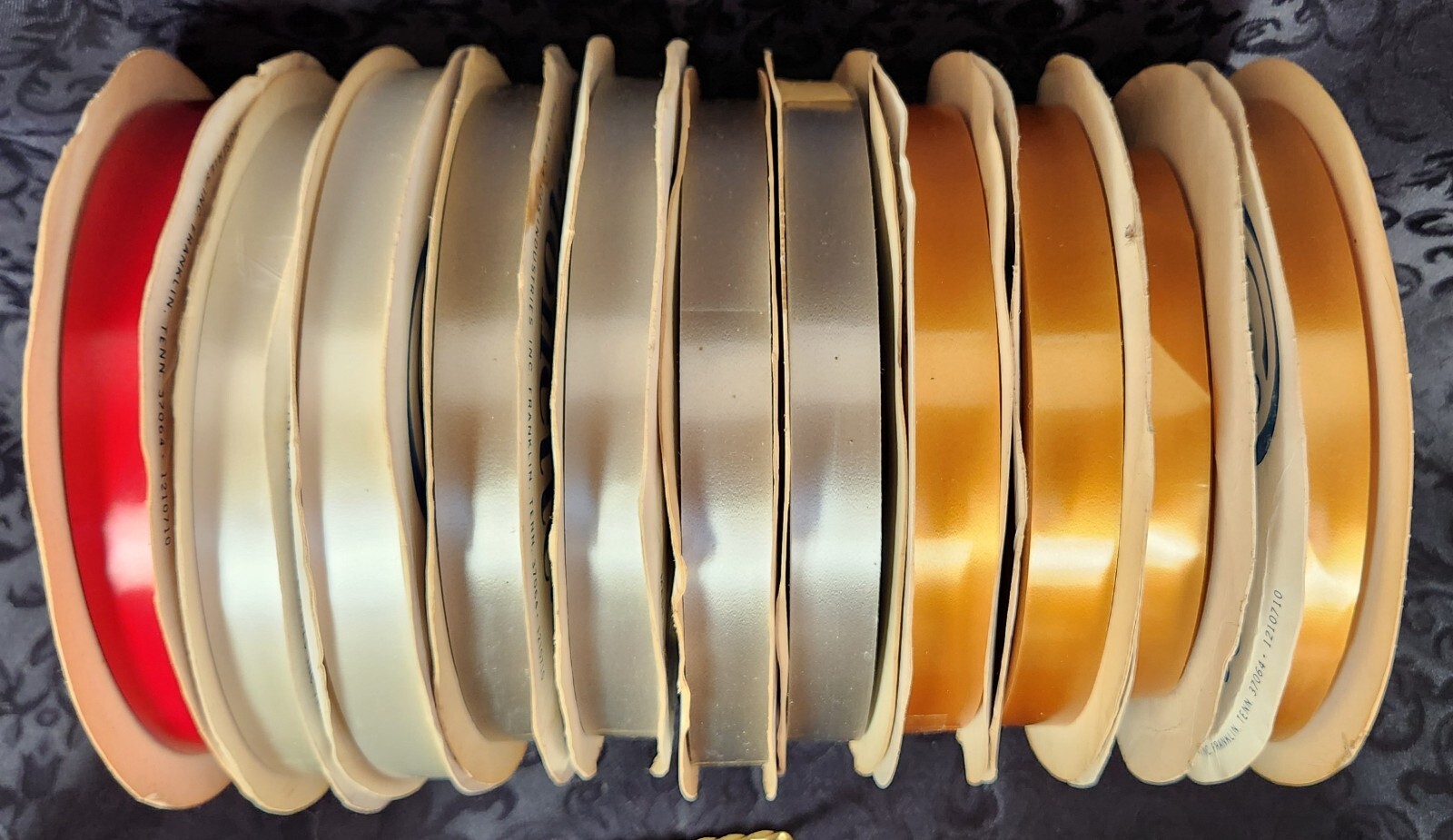 VTG Lot of 13 Shiny Ribbon Spools OVER 2000 YDS!  7/8" & 5/8" CPS Brand Tonette 