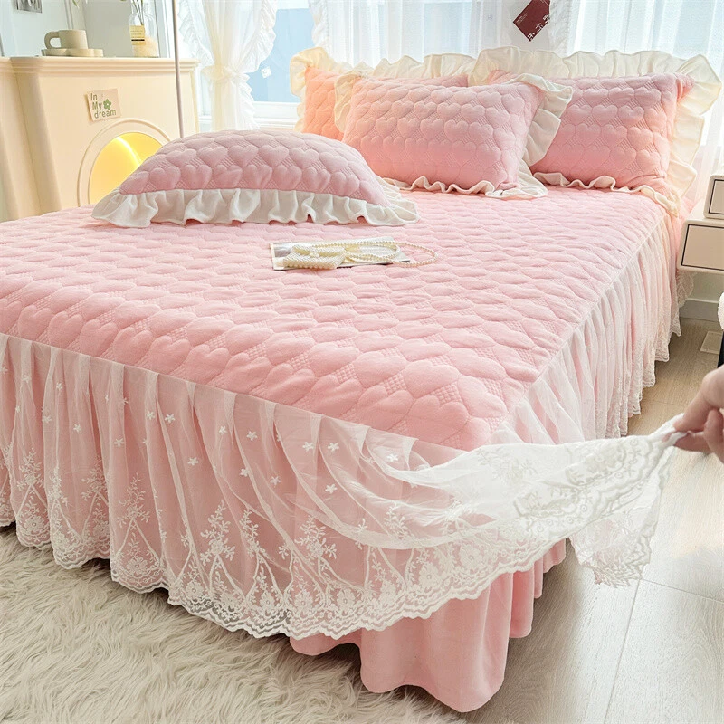 Milk Velvet Lace Bed Skirt Chic Bedspread Queen King Size with 2 Pillow Shams - Image 3 of 4