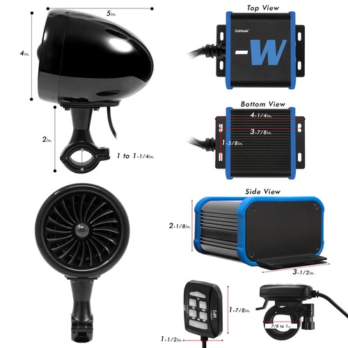GoHawk TJ4-W Waterproof Amplifier 4" Full Range Bluetooth Motorcycle Stereo S... - Picture 6 of 9
