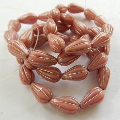 10 Beads - 13x8mm Melon Drop Pink Silk with Platinum Wash - Czech Glass